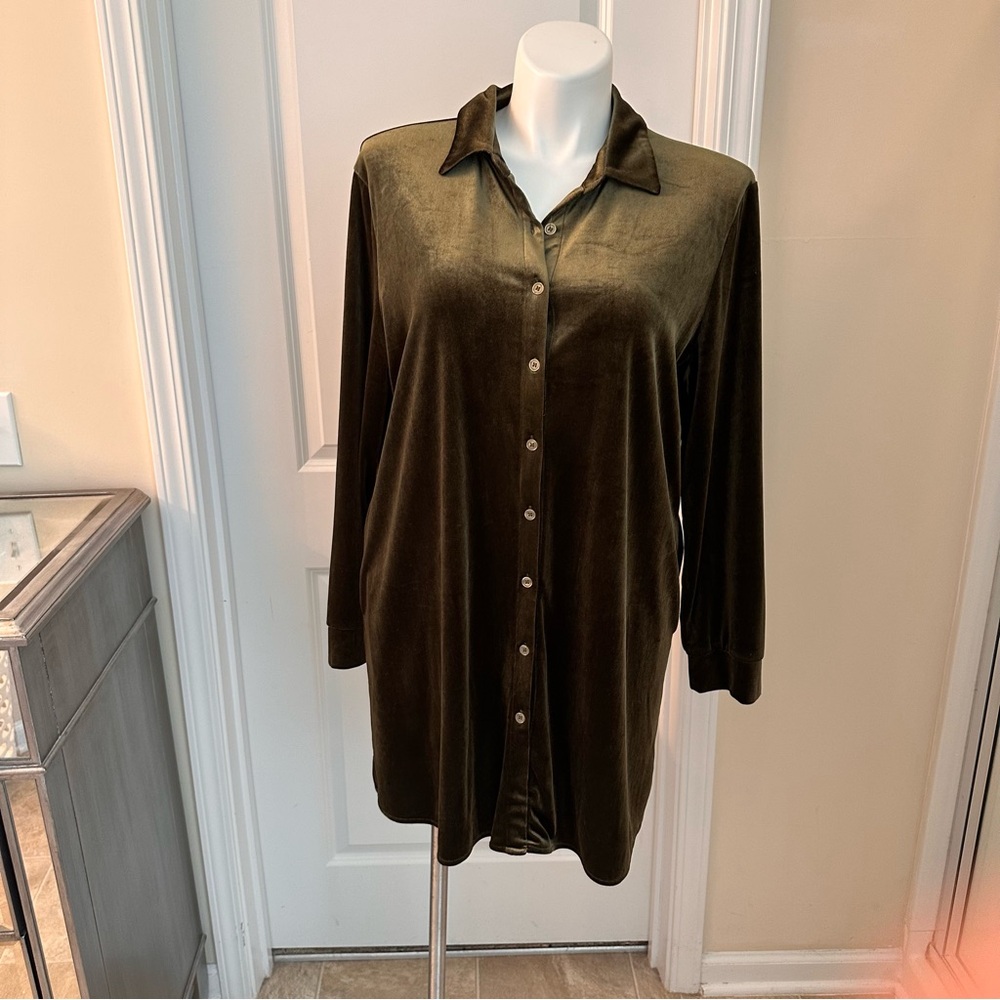 Velvet dress. Moss green dress. Long sleeve dress. Shirt dress. Size XXL dress.